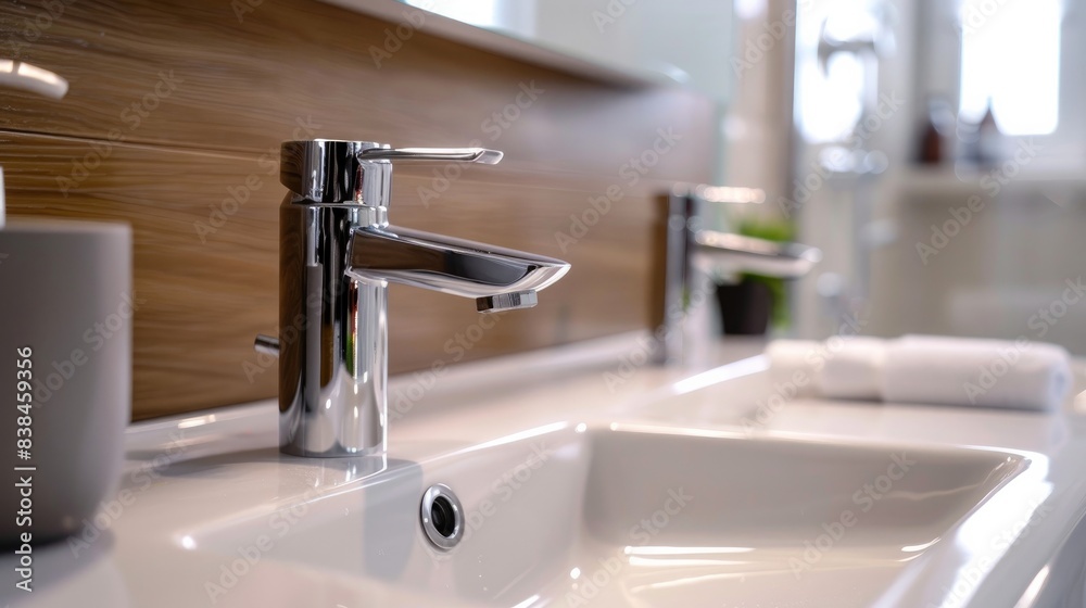 Bathroom interior with a sink and an open chrome faucet.
Bathroom interior with a sink and an open chrome faucet.