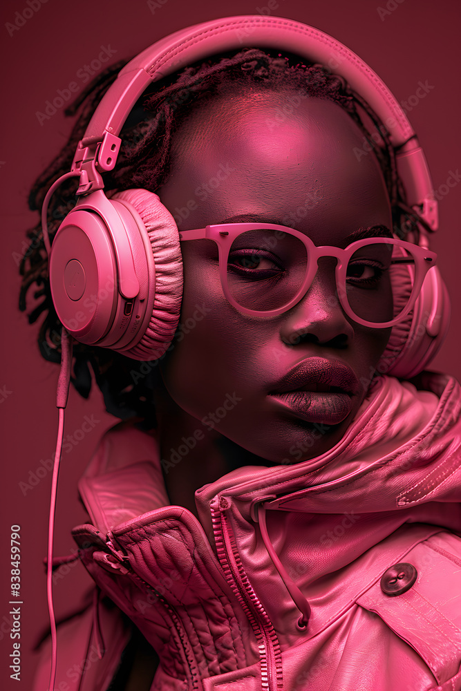 Close up portrait of Young African American woman listening to music with headphones Close up portrait of Young African American woman listening to music with headphones