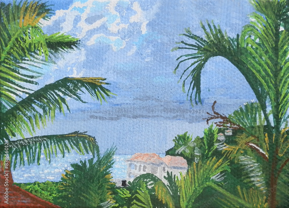 Sunlight glimmers on the bay as storm clouds approach in this seascape of Guana Bay framed by palm fronds, featuring a villa on the beach. Sunlight glimmers on the bay as storm clouds approach in this seascape of Guana Bay framed by palm fronds, featuring a villa on the beach.