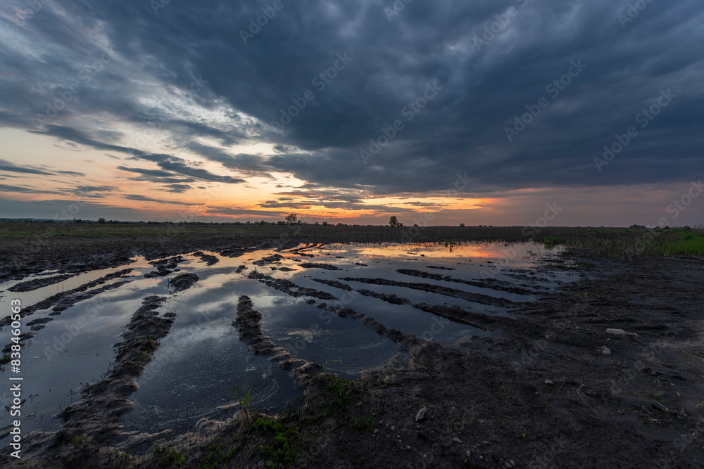 A photograph of a muddy field with tire tracks filled with water, reflecting the setting sun. The sky is filled with dramatic clouds, and a few trees are visible in the distance.. A photograph of a muddy field with tire tracks filled with water, reflecting the setting sun. The sky is filled with dramatic clouds, and a few trees are visible in the distance..