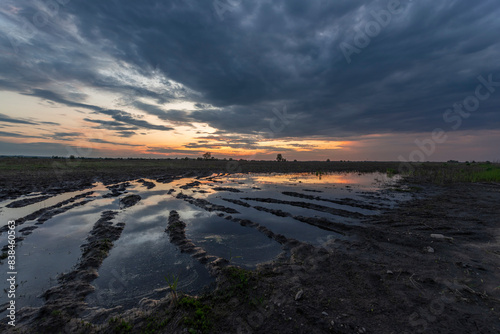 A photograph of a muddy field with tire tracks filled with water  reflecting the setting sun. The sky is filled with dramatic clouds  and a few trees are visible in the distance..