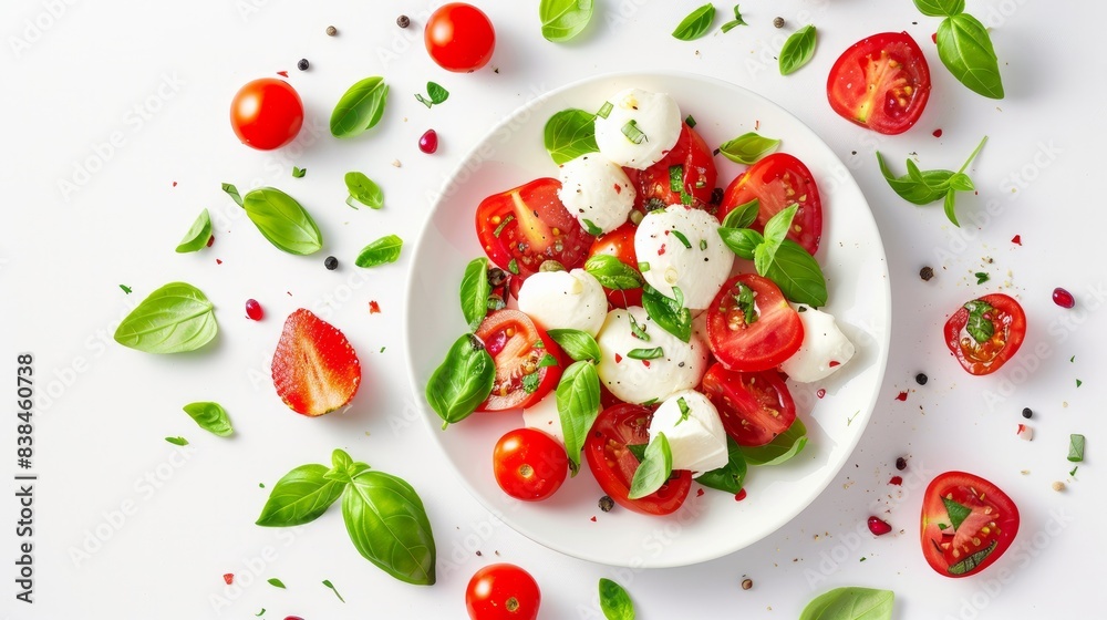 A fresh salad with strawberries, cherry tomatoes, mozzarella, and basil on a plate.
A fresh salad with strawberries, cherry tomatoes, mozzarella, and basil on a plate.