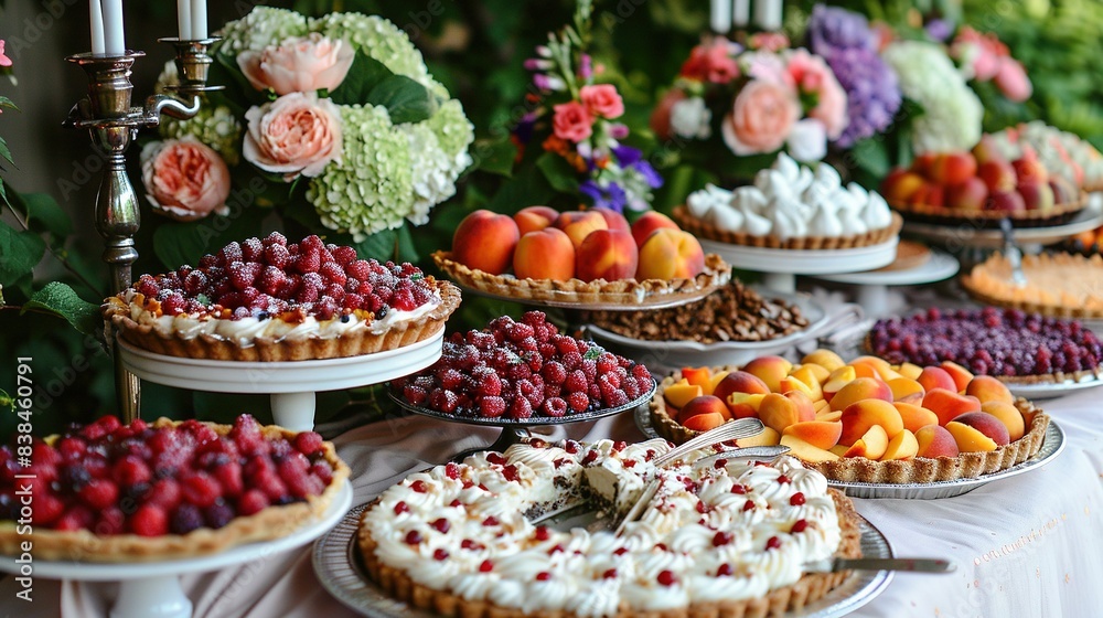 A topped pie table with frosted pies and surrounding flowers A topped pie table with frosted pies and surrounding flowers