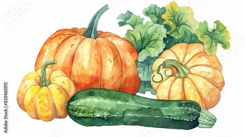 Watercolor illustration of pumpkins and zucchinis in a garden setting.

 photo