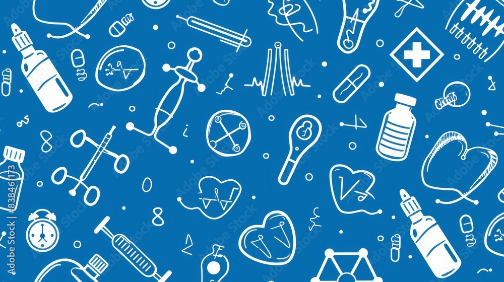 Seamless pattern of white medical icons on a blue background.
Seamless pattern of white medical icons on a blue background.