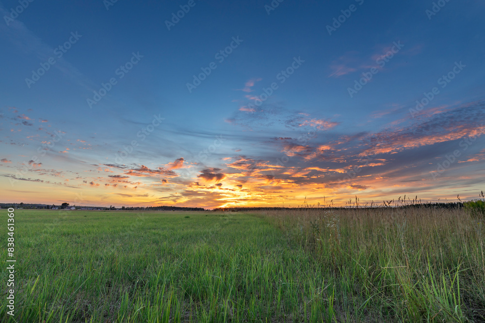 A picturesque view of a meadow at sunset, showcasing a vibrant sky with streaks of orange, pink, and purple clouds. The grass is lush and green, with tall blades reaching towards the horizon. A picturesque view of a meadow at sunset, showcasing a vibrant sky with streaks of orange, pink, and purple clouds. The grass is lush and green, with tall blades reaching towards the horizon.