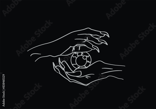 Vectote illustration. Moira's hands. Hold the eye in your hands. Graphic arts. Ink drawing. Witch hands. Long scary nails. The witch holds her eye.