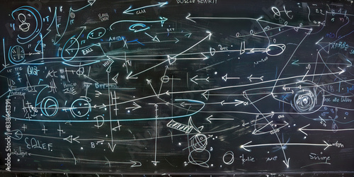 Gravitational Graffiti: A blackboard, covered in illegible scribbles and arrows