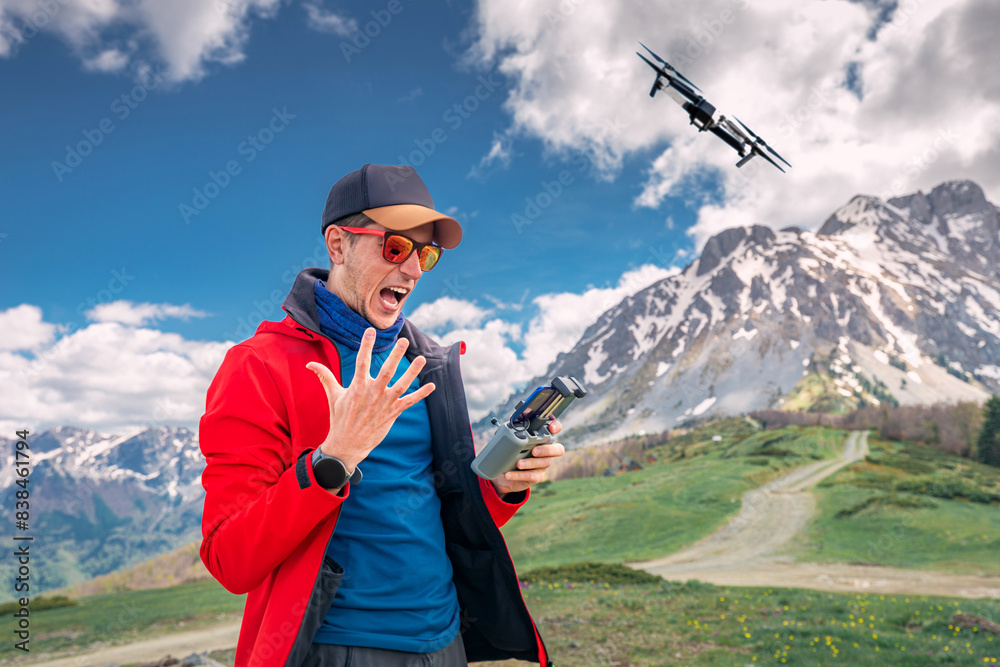 Naklejka premium Pilot frustration: The operator feels upset and angry after encountering a problem while flying their drone.