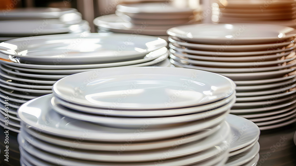 Closeup clean plates stack on a table ready for use Closeup clean plates stack on a table ready for use