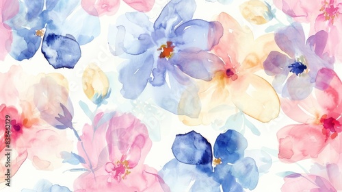 Seamless watercolor pattern of soft pastel flowers, ideal for beauty products.
