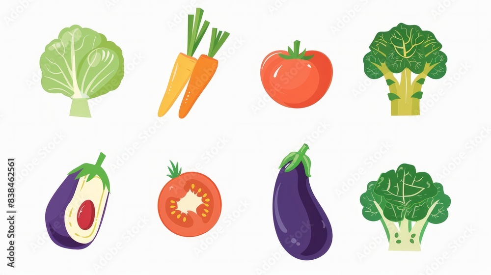 Illustrated set of vegetables including cabbage, broccoli, cucumber, tomato, zucchini, eggplant, and carrot.
Illustrated set of vegetables including cabbage, broccoli, cucumber, tomato, zucchini, eggplant, and carrot.