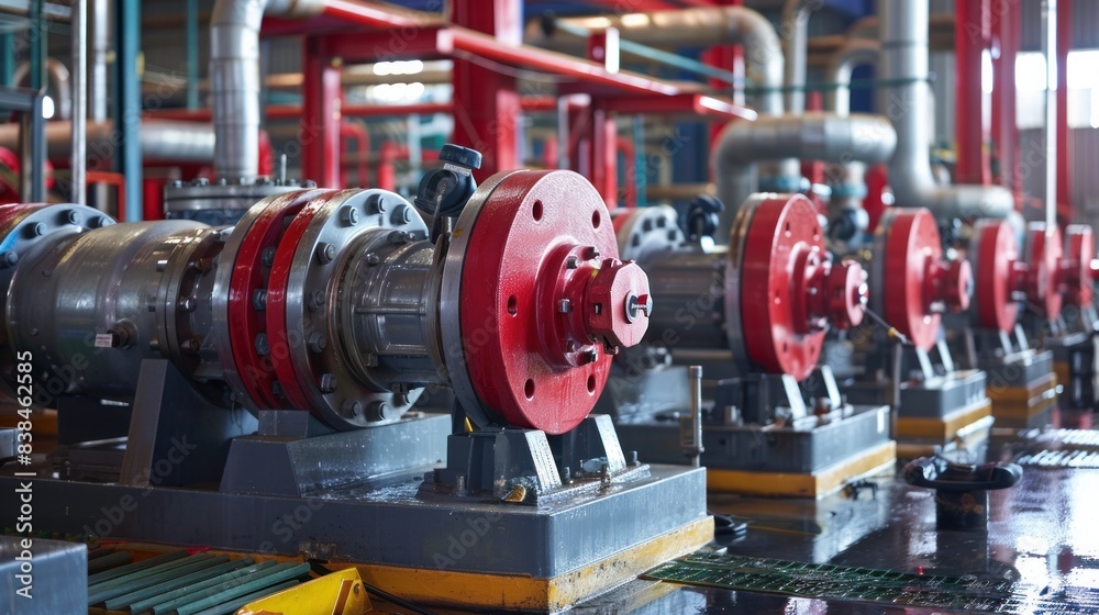 Fototapeta premium Industrial view of electrically powered water pumps and interconnected pipes.