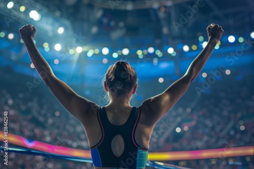 Female Olympic Wrestler Triumphantly Raising Arms in Victory after Hard-Fought Match - Sports Photography