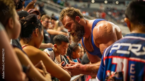 Famous Wrestler Engaging with Fans at Olympic Event - Autographs and Photos Highlight Popularity photo