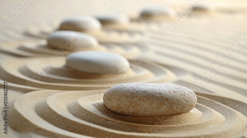 Zen stones on sand with lines  representing spa therapy and balance.  