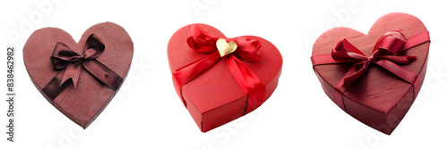 Heart-shaped gift boxes with elegant ribbons for special occasions on a transparent background, png.