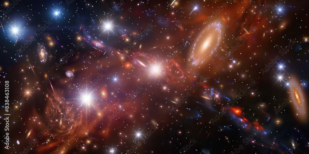 Quasar Quest: A galaxy cluster, with swirling galaxies and distant stars. Quasar Quest: A galaxy cluster, with swirling galaxies and distant stars.