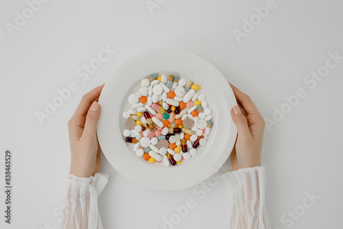 Female hands holding a plate of pills and vitamins a top view on a white background
