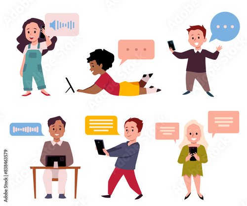 Children with phones in flat vector, chatting and listening to messages.