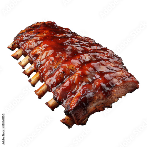 Closeup of a rack of barbecued pork ribs, glazed with a sweet and tangy sauce, transparent background png