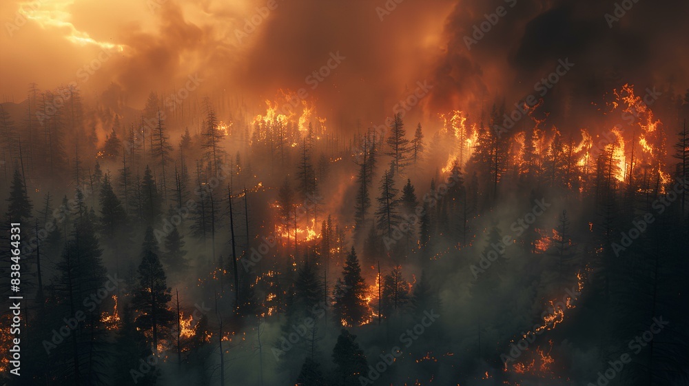 A raging wildfire sweeping through dense forests, billowing smoke and intense flames consuming the trees. A raging wildfire sweeping through dense forests, billowing smoke and intense flames consuming the trees.