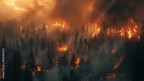 A raging wildfire sweeping through dense forests  billowing smoke and intense flames consuming the trees.