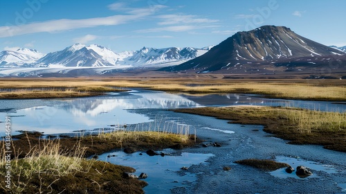 A remote Arctic landscape with patches of thawing permafrost, reflecting the majestic snow-capped mountains in the background.