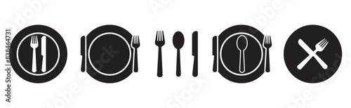 Fork, knife and plate icons set. Logotype tableware. Logotype menu. Set in flat style. Silhouette of cutlery. Vector illustration