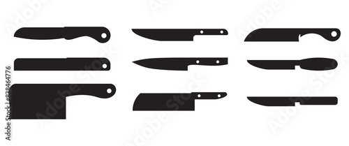 set of kitchen knife silhouette, Stainless cleaver, carving and chopping, chefs, filleting, boning and paring knives with black handles, Kitchen Knifes Silhouette Various Collection Set 