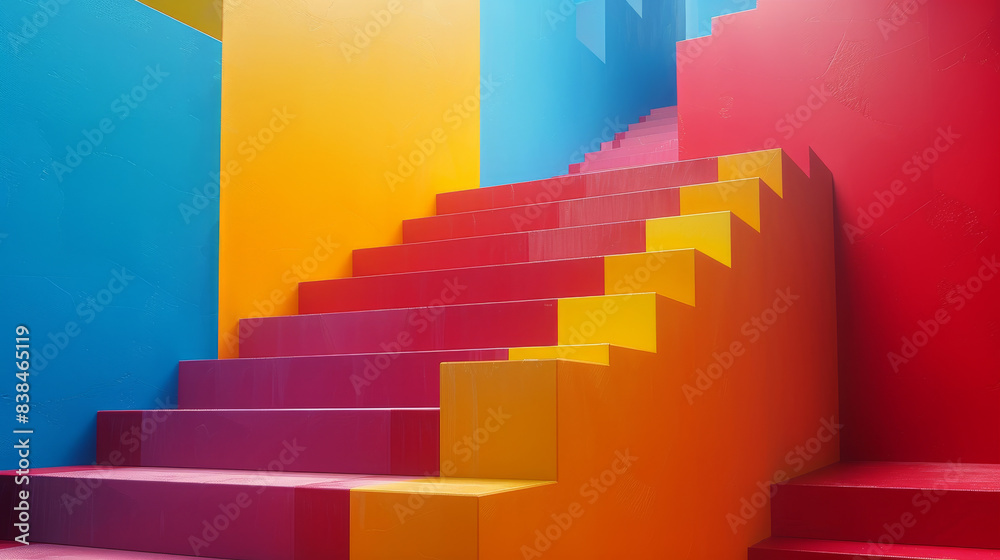A colorful staircase with red, yellow, and blue steps A colorful staircase with red, yellow, and blue steps