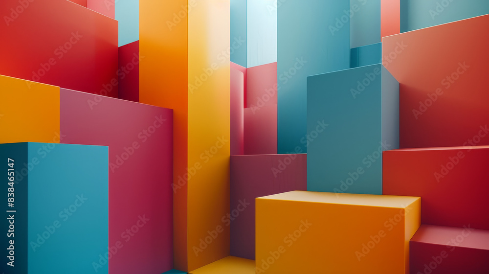A colorful building made of blocks with a blue and red section A colorful building made of blocks with a blue and red section