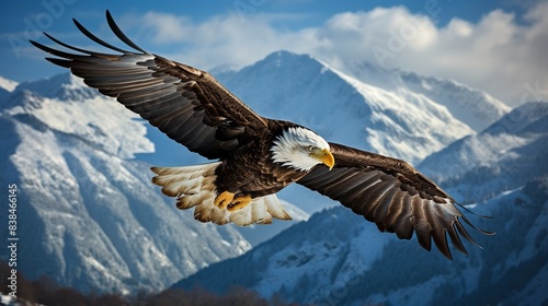 Regal bald eagle soaring against a backdrop of snow-capped mountains  