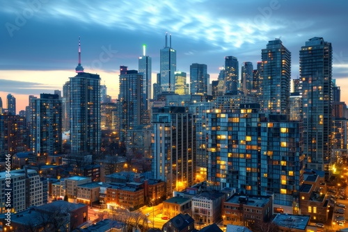 Vibrant City Skyline at Dusk with Illuminated Buildings Showcasing Urban Energy     Perfect for Posters  Prints  and Designs
