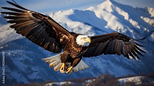 Regal bald eagle soaring against a backdrop of snow-capped mountains 