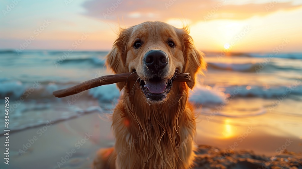 Golden Retriever dog playing with a stick on the beach at sunset, holding a wooden branch in its mouth, looking happy and playful. Summer vacation concept. Golden Retriever dog playing with a stick on the beach at sunset, holding a wooden branch in its mouth, looking happy and playful. Summer vacation concept.
