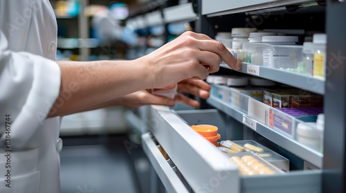Farmacéutico organizando medicamentos en estantes photo