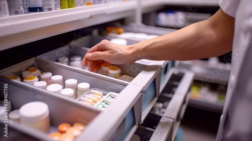 Farmacéutico organizando medicamentos en estantes
