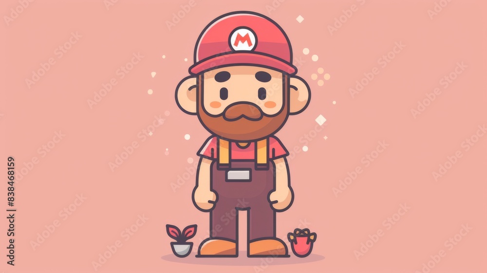 A cartoon mario with a mustache and hat standing next to some plants, AI A cartoon mario with a mustache and hat standing next to some plants, AI