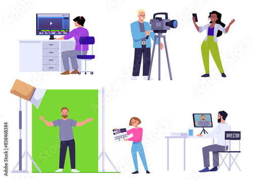 Set of video maker people flat style, vector illustration