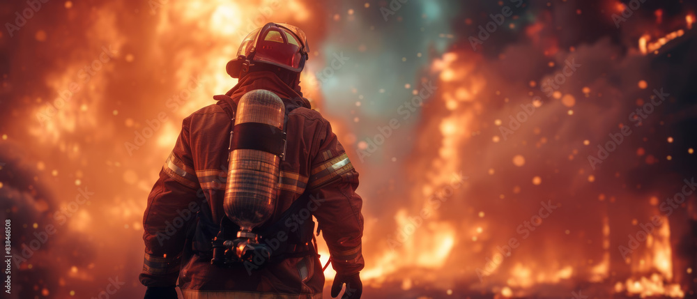 Closeup of firefighters battling flames in a burning building, with smoke and fire visible, and ample copy space.