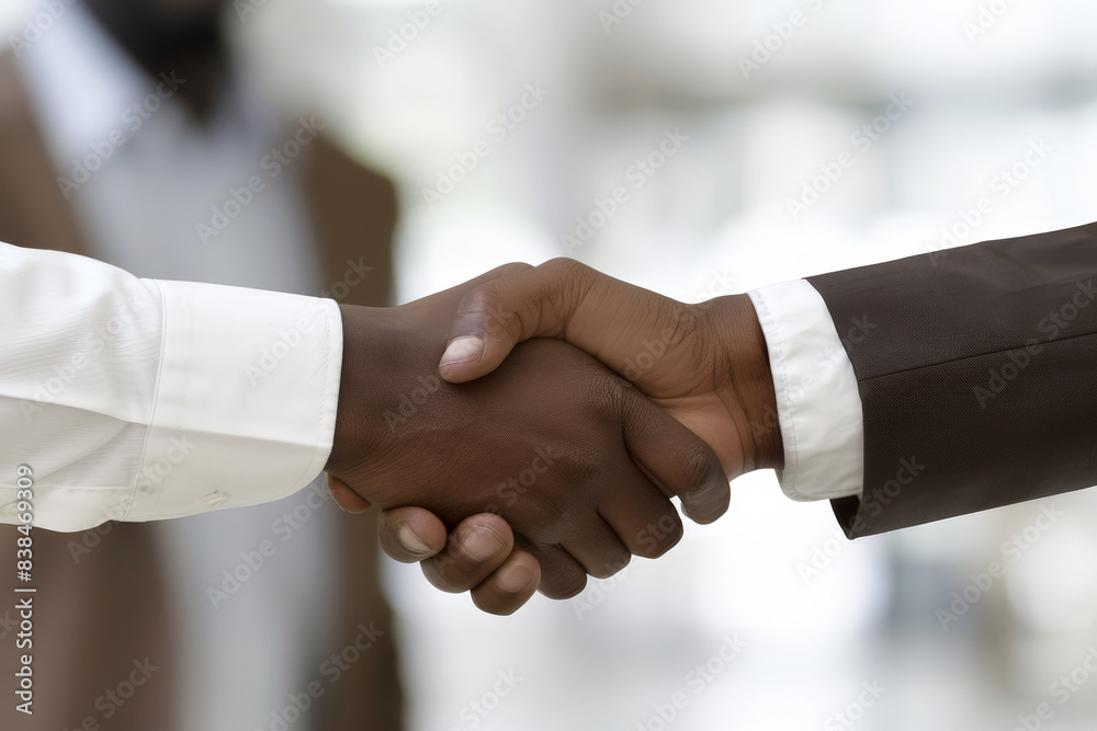 Close-up of a handshake between two black individuals, signifying a business agreement or greeting Close-up of a handshake between two black individuals, signifying a business agreement or greeting