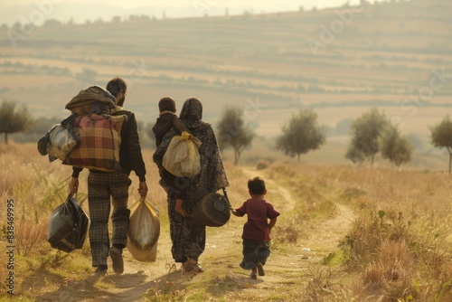 Family of Refugees Walking Through Rural Landscape, Seeking New Home - Humanitarian and Displacement Concept