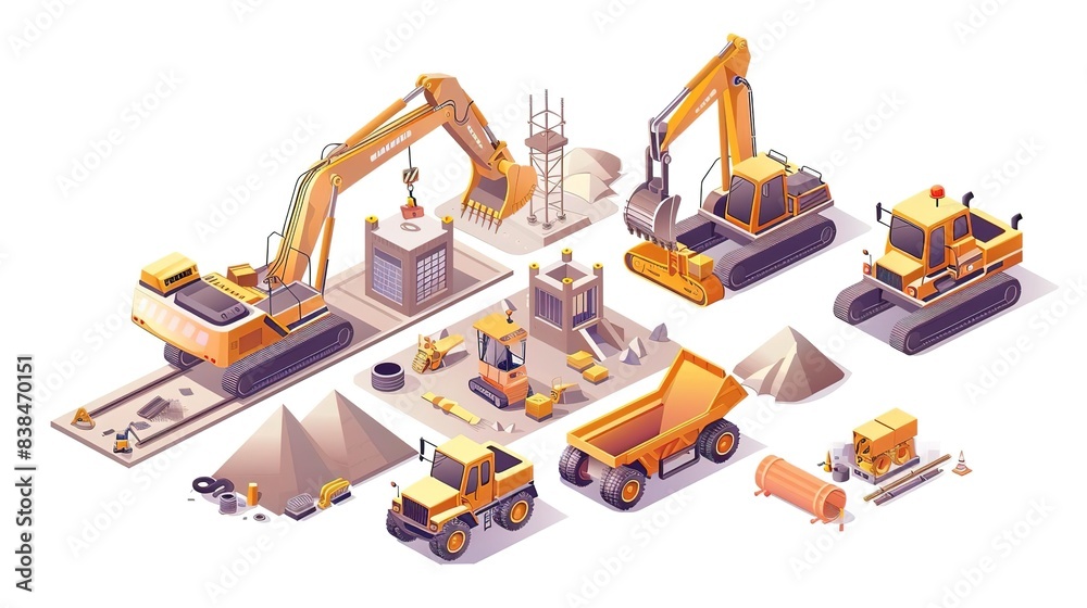 Isometric illustration of construction equipment and materials. Isometric illustration of construction equipment and materials.