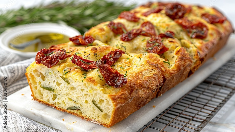 A loaf of bread sits on a cooling rack beside a bowl of olives and a sprig of rosemary A loaf of bread sits on a cooling rack beside a bowl of olives and a sprig of rosemary