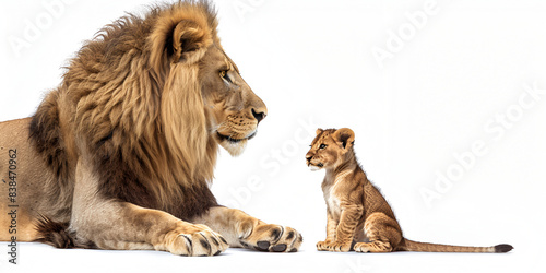 a majestic lion and a baby lion sitting together  creating a heartwarming scene.