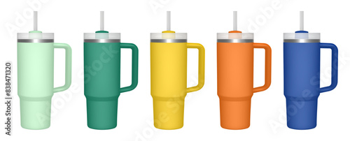 Thermo cup with handle and straw. 30 oz. 3d mockup of a travel thermos. Set of green, yellow, orange and blue mugs. Tumbler template. White lid