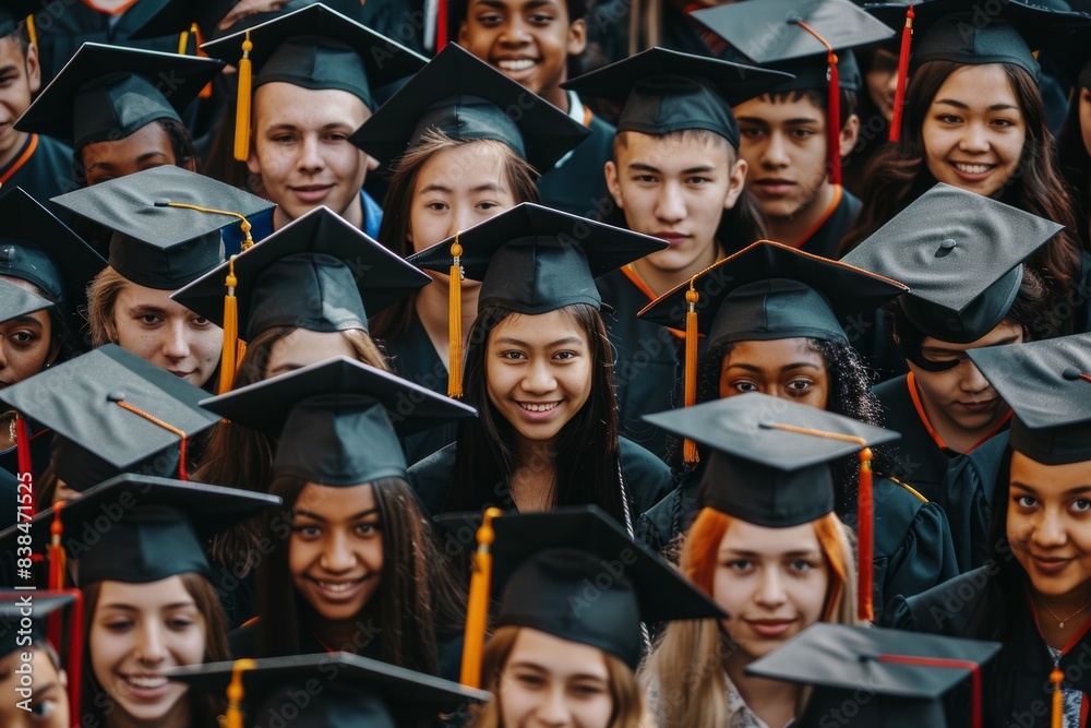 Obraz premium Diverse Group of Students Graduating in Caps and Gowns, Celebrating Academic Achievement