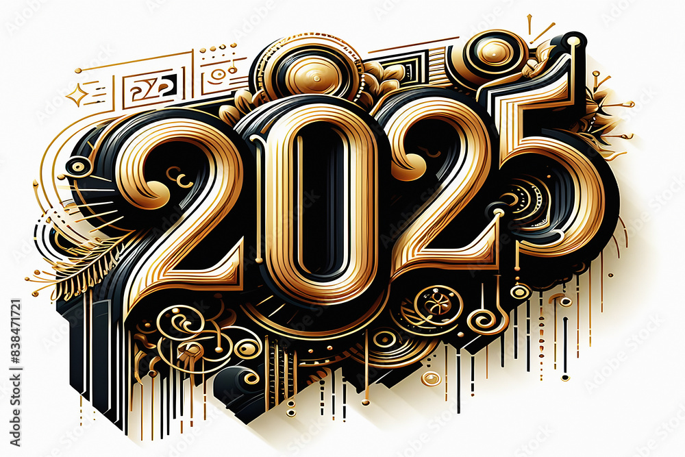 New Year 2025 Stylized Gold and Black Numerals, Futuristic Number