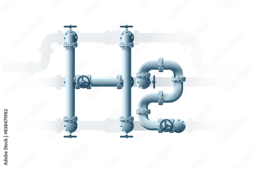 H2 formula from pipes. Hydrogen production and transportation concept H2 formula from pipes. Hydrogen production and transportation concept